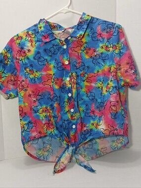 Grateful Dead Women's XL Crop Tie Front Button Up Shirt - Dancing Bears Tie-Dye